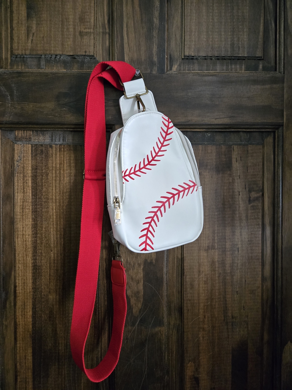 Baseball Stitch White Crossbody Sling Bag with Red Strap NWOT